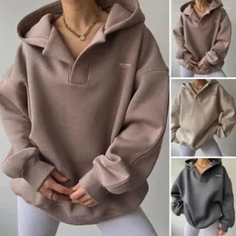 Kvinnors hoodies kvinnor hoodie stilfull v-hals huva tröja för lös pullover topp med långa ärmar fashionabla fast färg höst