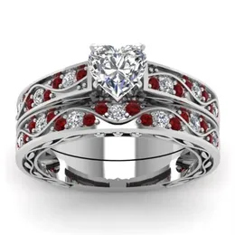 Zarte herzförmige Diamant-Ehering 925 Sterling Silber Ruby Braut Ring Set Ehering Jubiläum Verpflichtung Schmuck SI3082