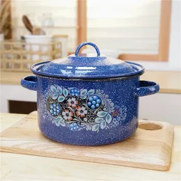 Sopplager Krukor Emaljkruka Blue Star Highlight Curl Storage Tank Hushåll med lock Matlagning för kök Retro Pastoral Flowers Cookware 231215