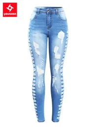 Jeans 2145 Youaxon Neue eingetroffene, dehnbare, zerrissene Jeans für Damen mit seitlichem Distressed-Denim, dünne Bleistifthose für Damen