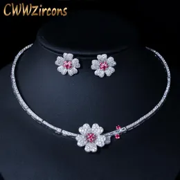 Halskette Cwwzircons Cz Kristall Rote Rose Blume Frauen Halskette und Ohrringe Brautschmuck Set für Hochzeitskleid Zubehör T211