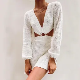 Dresses 2023 Summer Dress for Women Knitted Croset See Through Beach Dress Cutout Sexy Backless Long Sleeve White Dresses Woman Clothes