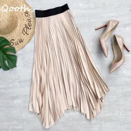 فساتين Qooth Spring Summer High Length Midlengle Smirt Skirt Women Women Elegant Solid Solid Tuxedo Tuxedo Skirt QT1826