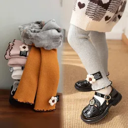 Pantolonlar kalınlaşmış legging kızlar çocukların kış önleyici yün kış polar dikey şerit çiçek sıcak pamuk pantolonları bebek tozluk 231215