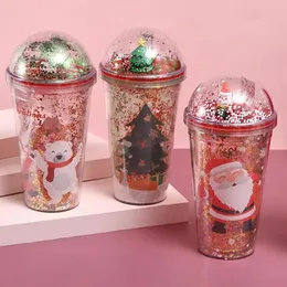 Vasos Taza de paja de Navidad Lentejuelas creativas con tapa y árbol de Navidad Santa Claus Agua Botella de doble capa Suministro 231216