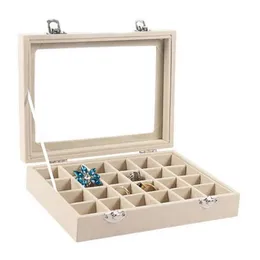 Anéis Veet Caixa de exibição de joias de vidro 20 * 15 * 4,5 cm Suporte de bandeja de joias Organizador de armazenamento de caixão Caixa de anel de brincos na cor bege