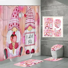 Pink Valentine's Day Duschgardiner Nomes Badrumsgardiner älskar hjärtan Tree Pink Farmhouse Bath Curtain