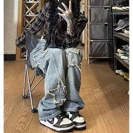 2023 amerikanischen Retro Braun fünfzackigen Stern Patch Jeans Frauen Neue Trend Hip-hop Casual Joker Lose Breite bein gerade Mopp Hosen