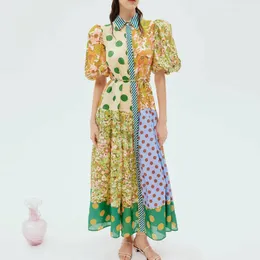 Avustralyalı tasarımcı elbise yakalı, vintage baskısı, bağlantı bel, 2023 yeni stil, kabarcık kolları, bel yukarı, kadınlar için uzun elbise zayıflamak