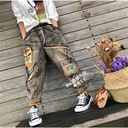 Jeans 2022 Spring New Arts Style Women Elastic Waist Loose Jeans Patch Design Vintage Hole Cotton Denim Harem Pants Female Jean C17