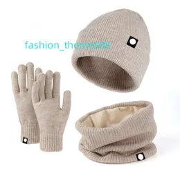 Wholesale women men 3pcs set Acrylic Knit Winter Beanie Hat with Scarf and Gloves Set with Leather Patch Label