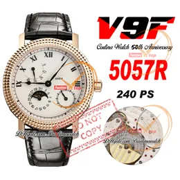 V9F Calatrava 5057R PP30-255 Automatic Mens Watch 50th Anniversary Rose Gold White Dial MoonPhase Power Reserve Black Leather Strap Super Edition Puretime C3