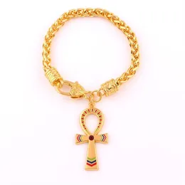 Vintage Egyptian Ankh Cross Symbol Of Life Pendant Bracelet Gold Color Charm Crystal Enamel Ornament Wheat Link Chain252R