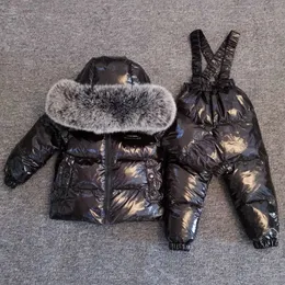다운 코트 겨울 두꺼운 어린이 다운 재킷 전체 정장 큰 진짜 모피 칼라 아이 스키복 소년 여자 따뜻한 재킷 실버 ws1876 231215