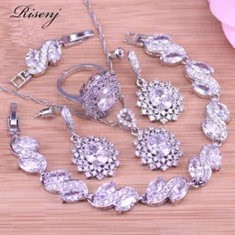 Necklace Risenj Shinny White Cz Sier Color Costume Jewelry for Women Stud Earrings Ring Necklcae Bracelet Bridal Jewelry in Store