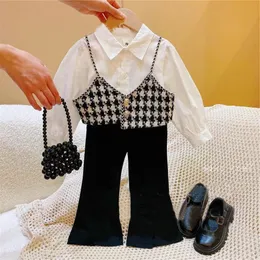 Clothing Sets Menoea Girls' Set 2023 Casual Polo Long Sleeve Shirt Plaid Chain Strap Pants Children's Kids Fashion 231215