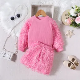 Kläder sätter Autumn Solid Kids Sport Suit Baby Girls Long Sleeve Ribbed T Shirt Tops Fuzzy Fleece kjolar 2st kläder Kläder Set 231216