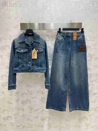 Kvinnors tvådelade byxor Designer Luxury Fashion Denim Set Long Sleeve Lapel Jacket och High midjan Straight Jeans 2 Sets Outfit Tracksuit 8x0q