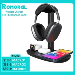 Earphones Romoral 4in1 Gaming Headphone Stand with Wireless Charger Detachable Headset Holder Wireless Charger for Ios Phone Iwatch