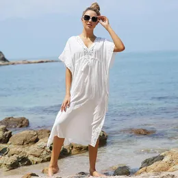 Traje de baño Happie Queens mujeres blanco manga corta cuello en V profundo playa encaje borla bohemio Maxi vestido señoras Boho Sundress encubrimientos bata