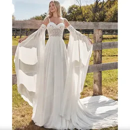 Bohemian Boho Charming Wedding Dress With Detachable Long Flare Sleeve Spaghetti Straps Backless Lace Chiffon Sweetheart Beach Bridal Gown