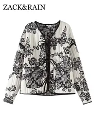 바지 Zack Rain Women Doublesed Floral Laceup Cotton Jacket 2022 가을/겨울 숙녀 빈티지 얇은 파카 느슨한 여성 세련