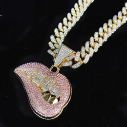 Tonfarbe Micro Pave Rosa Zirkonia Tropfen Lippe Anhänger Halskette Iced Out Bling Miami Kubanische Kette Für Frauen Hiphop Schmuck Neck237W