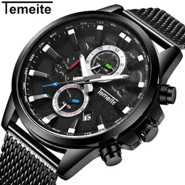 TEMEITE New Original Men's Watches Top Brand Sport Business Quartz Watch Men Clock Date Mesh Strap Wristwatches Male Relogio176A
