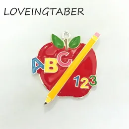 Necklaces Newest 47mm*37mm 10pcs /lot Full Enamel Apple with Pencil Pendant For Fashion Kids Back To School