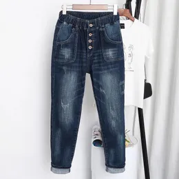 Jeans 1711 Mujer novedad de verano moda imperio cintura elástica Vintage hasta el tobillo Harem pantalones holgados con botones 100kg mujer Casual Denim Jeans