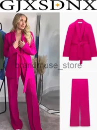 Dames Tweedelige Broek GJXSDNX TRAF Dame Kantoor Blazer Pakken Dames Lange Mouw V-hals Sjerpen Blazer + Hoge Taille Wijde Pijpen Lange Broek Mode 2023 Sets J231216