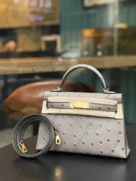 Bolsa de ombro toda feita à mão, designer de marca, com couro de avestruz importado, linha de cera de abelha francesa, hardware banhado a ouro 24K, mini bolsa crossbody