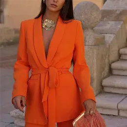 Women's Suits Blazers Woman Elegant Orange Straight Laing Blazer Suit 2023 Spring Female Solid Event Matching Sets Ladies High Waisted Pants 231215