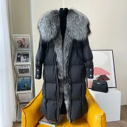 Mulheres Down Parkas Lagabogy Mulheres Inverno Grande Real Silver Fox Fur Collar 90% Pato Branco Down Jacket Longo Grosso Quente Luxo Parka Feminino Outwear 231215