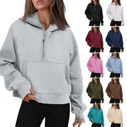 1lulemen-07 Bayan Scuba Hoodie Sonbahar Kış Yoga Takım Yarım Zip Kadınlar Spor Süveteri Gevşek Spor Salonu Ceket Fitness Kısa Peluş Ceket Sweatshirt Kadın J