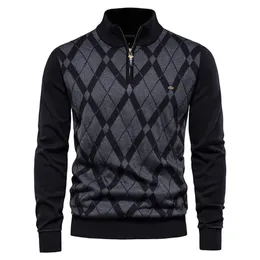 Herrenpullover AIOPESON Argyle Pullover Baumwolle Plain Neck Zipper Spleißen Arbeit Winter Hohe Qualität Mode Warm 231215