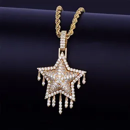 14k banhado a ouro gelado laboratório diamante estrela gotejamento pingente masculino feminino com 24 corda corrente colar prata cor ouro zircão hip hop jew2656