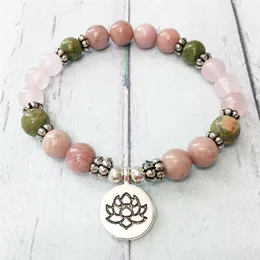 MG0510 8 mm Rose Quartz Lotus Bracelet Natural Unakite Energy Protection Bracelet Rhodonite Balance Yoga Bracelet for Women201o