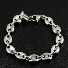 8 66'' 10mm wide Shiny coffee beans Link Chain Bracelet stainless steel Silver for Men195z