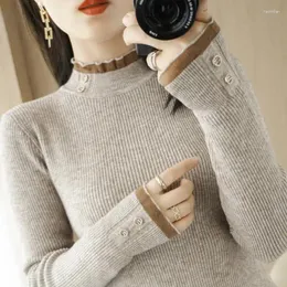 Women's Sweaters Autumn And Winter Pullover Patchwork Button Screw Thread Solid Color Sweater Fashion Casual Slim Fit Long Sleeved Tops