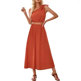 Sukienki swobodne dwukrotne set damski z solidnym kolorem pochylonym ramionami talia vestidos para mujer elegantes y bonitoos top i spódnica