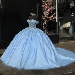 Sky Blue Sweetheart Sukienki Quinceanera na 16 imprezę Księżniczki Aplikacje Tiul koronki koraliki urodzinowe sukienka z okazji urodzin Vestidos de 15 Ball