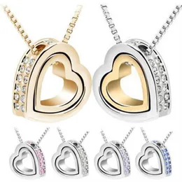 QCooljly Gold Color Heart in Heart Shaped Austrian Crystal Pendant Necklace Fashion Jewelry for Women Partyギフト282m