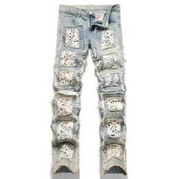 Double-Sided Embroidered Sticker Blue Flared Jeans for Men Fashion Fringe Patches Patchwork Pants Slim-Fit Straight Wide Leg Trousers