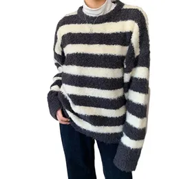 Kadın Sweaters Polar Damla Omuz Kolları Siyah ve Beyaz Çizgili Kazak Kadınlar Sonbahar Kış Gevşek İns Yumuşak Glutinous Top College Sweater Renkli Sweater