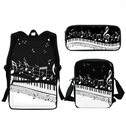 Skolväskor Fashion Piano Music Notes Mönster 3-pack Ryggsäck Girls Boys Primary Bag Stor dragkedja Lunch Satchel Pencil Case