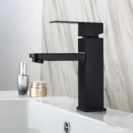 Rubinetti per lavandino del bagno Rubinetto per lavabo Moda in acciaio inossidabile Quadrato nero Foro singolo Vernice per cottura Rubinetti per acqua fredda e miscelatore