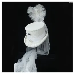 Berets 2 Stlye Women White Wedding Top Hat Wool Ivory Lady Rhinestone Gala Fascynator Tea Party 4Size