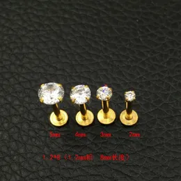 Crystal CZ gem Lip Stud Gold Labret Tragus Earrings 316L Stainless steel Zircon lip nail medical steel nails round 2mm 3mm 4mm2357