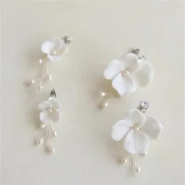 White Ceramic Flower Earrings Wedding Bridal Jewelry Set Freshwater Pearls Flowers Floral Earring Fashion Charm Dropping Long Drop222y